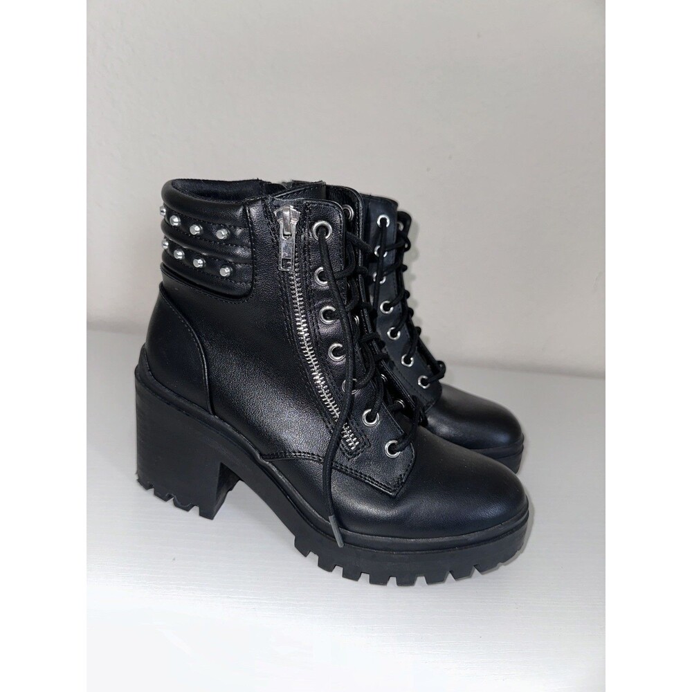 No Boundaries Boots Women Sz 7 1/2 Black Studded Lug Sole Edgy Punk Goth Biker